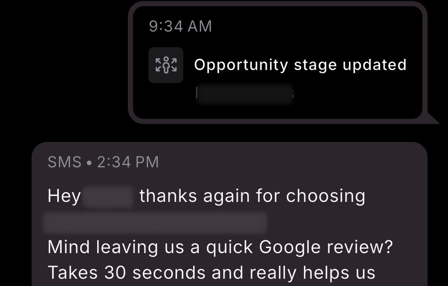 Blasting shop CRM opportunity moving stages, then an automated Google review request text after the job